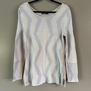 Nic+Zoe Wide Neck Long Sleeve Eyelet‎ Top | Blue + Tan